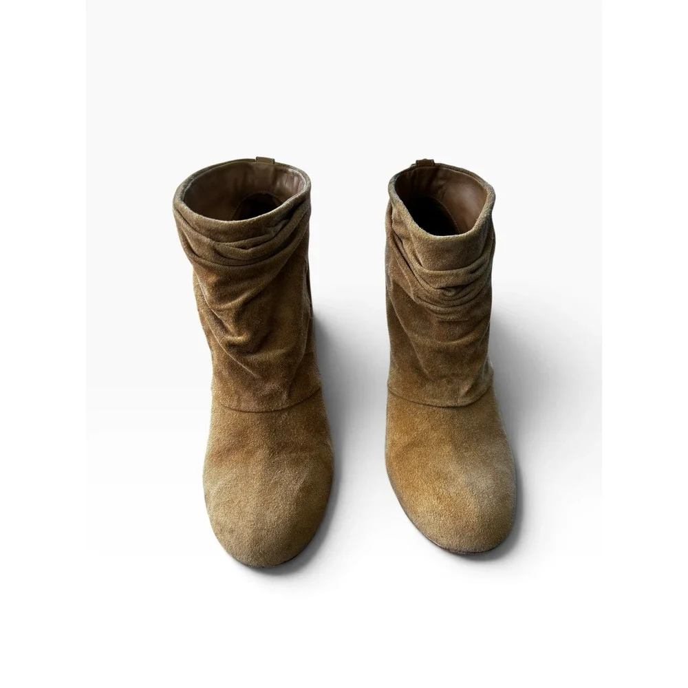 Tory Burch 8.5 Suede Ankle Boots Tan Slouchy Stiletto Gold Buckle Booties
